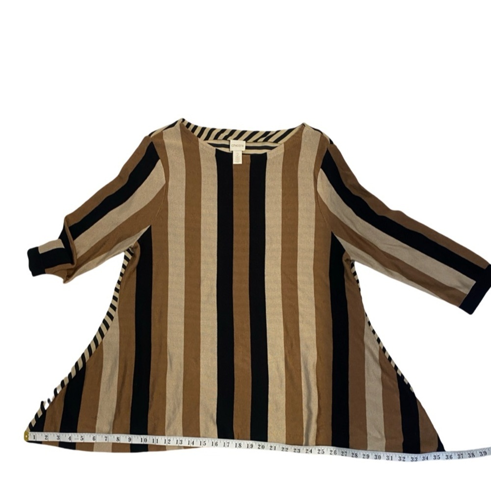 Chico's Trapeze Tunic Sweater Black, Brown, Tan, Cream Striped Elegant Tiny Pull - Picture 12 of 17